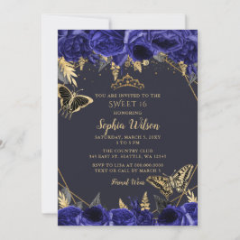 Royal Blue Guld Blommigt Butterfly Sweet 16 Inbjudningar