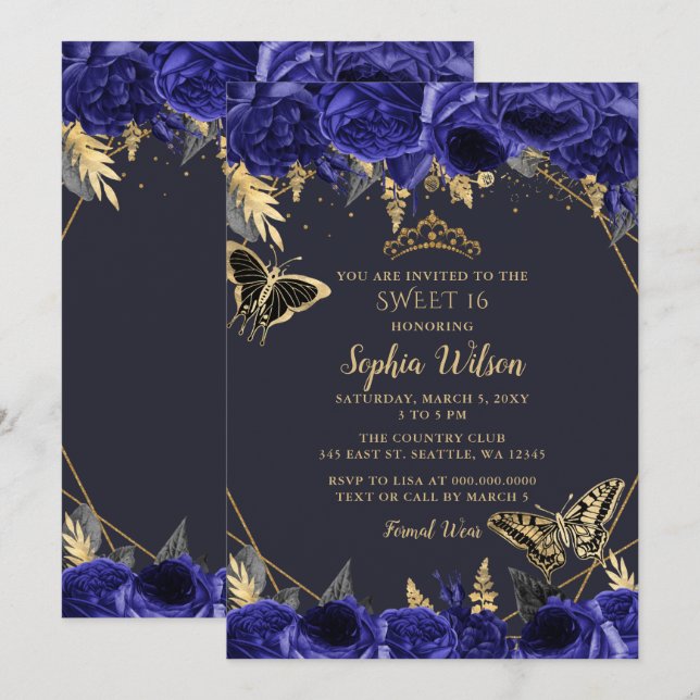 Royal Blue Guld Blommigt Butterfly Sweet 16 Inbjudningar (Fram/baksida)
