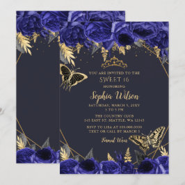Royal Blue Guld Blommigt Butterfly Sweet 16 Inbjudningar