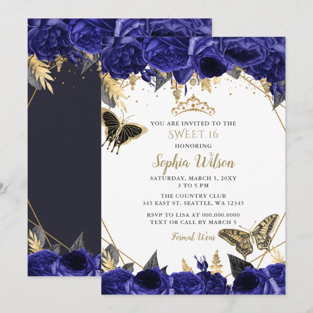 Royal Blue Guld Blommigt Butterfly Sweet 16 Inbjudningar (Fram/baksida)