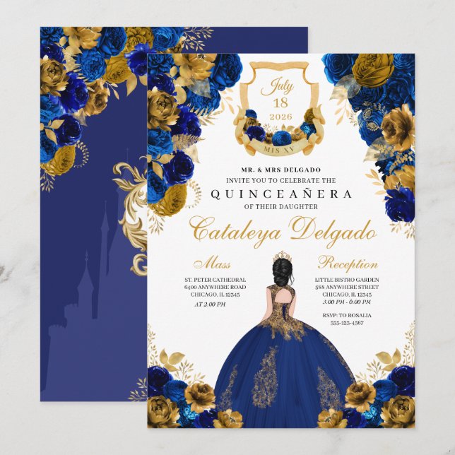 Royal Blue & Guld Blommigt Elegant Quinceañera Inbjudningar (Fram/baksida)