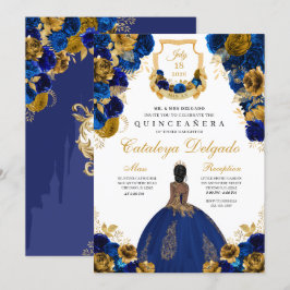 Royal Blue & Guld Blommigt Elegant Quinceañera Inbjudningar