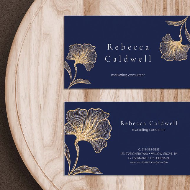 Royal Blue Guld Blommigt Feminine Visitkort (Royal Blue Gold Floral Feminine Business Card)
