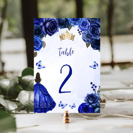 Royal Blue Guld Blommigt Princess Quinceañera Bordsnummer