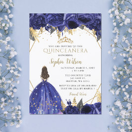 Royal Blue Guld Blommigt Princess Quinceañera Invi Inbjudningar