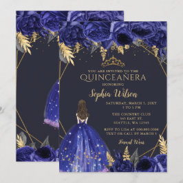 Royal Blue Guld Blommigt Princess Quinceañera Invi Inbjudningar