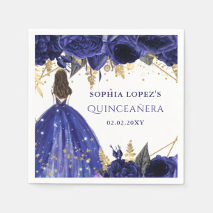Royal Blue Guld Blommigt Princess Quinceanera Pappersservett