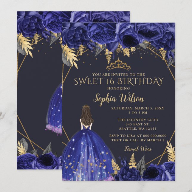 Royal Blue Guld Blommigt Princess Sweet 16 Inbjudningar (Fram/baksida)