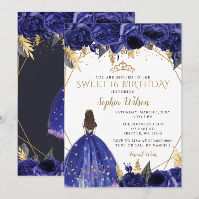 Royal Blue Guld Blommigt Princess Sweet 16 Inbjudningar (Fram/baksida)