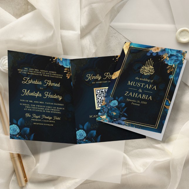 Royal Blue Guld Blommigt QR Kod Muslim Bröllop Inbjudan (Skapare uppladdad)