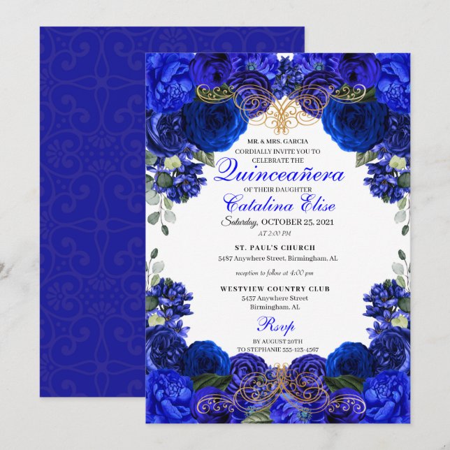 Royal Blue & Guld Blommigt Quinceanera Birthday Inbjudningar (Fram/baksida)