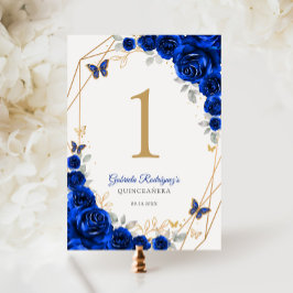 Royal Blue Guld Blommigt Quinceanera Bordsnummer