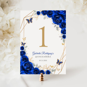Royal Blue Guld Blommigt Quinceanera Bordsnummer