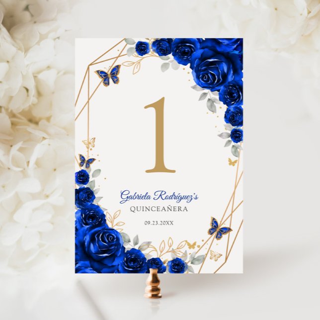 Royal Blue Guld Blommigt Quinceanera Bordsnummer (Skapare uppladdad)