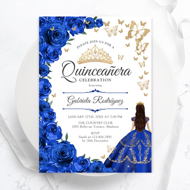 Royal Blue Guld Blommigt Quinceanera Inbjudningar (Skapare uppladdad)