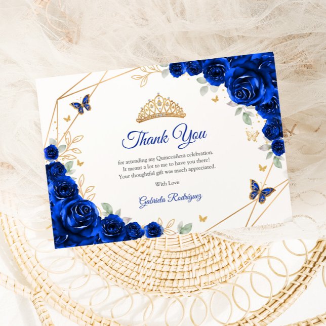 Royal Blue Guld Blommigt Quinceanera Tack Kort (Skapare uppladdad)