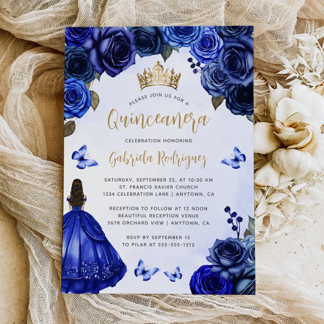 Royal Blue Guld Blommigt Watercolor Quinceañera Inbjudningar (Skapare uppladdad)