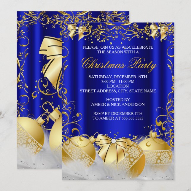 Royal Blue Guld Bow Bauble White jul Party Inbjudningar (Fram/baksida)