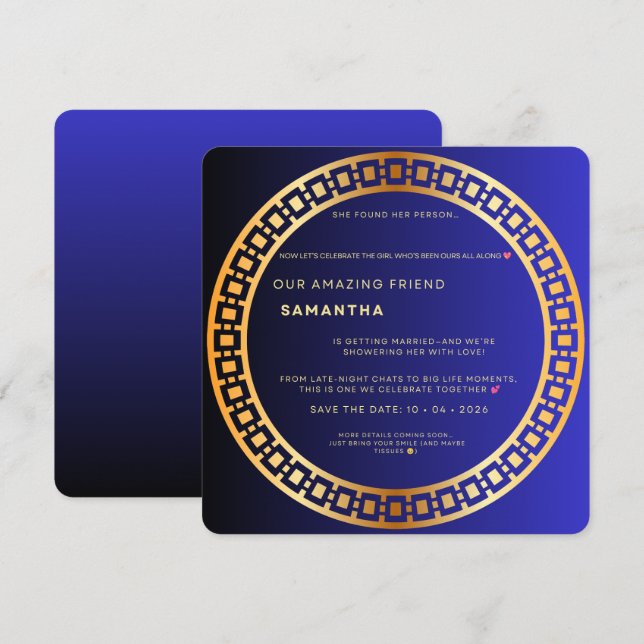Royal Blue & Guld Bröllopsfestin Inbjudan – Elegan (Fram/baksida)