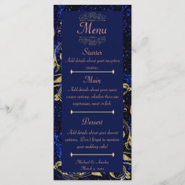 Royal Blue Guld Butterfly Bröllop Menu Meny