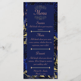 Royal Blue Guld Butterfly Bröllop Menu Meny