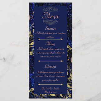 Royal Blue Guld Butterfly Bröllop Menu Meny
