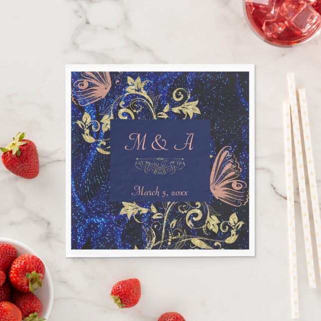 Royal Blue Guld Butterfly Bröllop Pappersservett (Insitu)