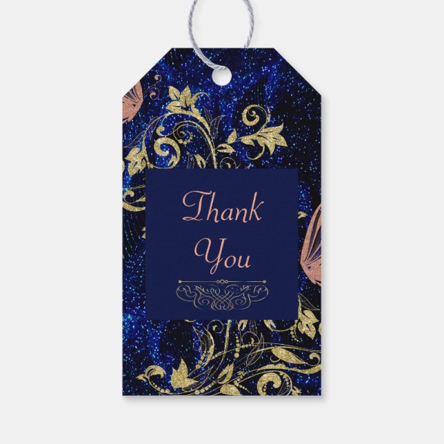 Royal Blue Guld Butterfly Bröllop Presentetikett (Baksidan)
