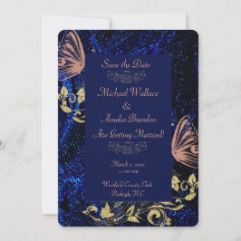 Royal Blue Guld Butterfly Bröllop spara datum Datumet