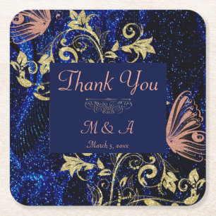 Royal Blue Guld Butterfly Bröllop Underlägg Papper Kvadrat