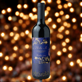 Royal Blue Guld Butterfly Bröllop Vinflaska Etikett