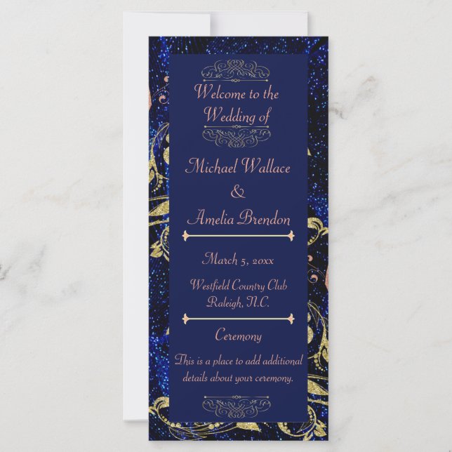 Royal Blue Guld Butterfly Bröllopsprogram (Framsida)