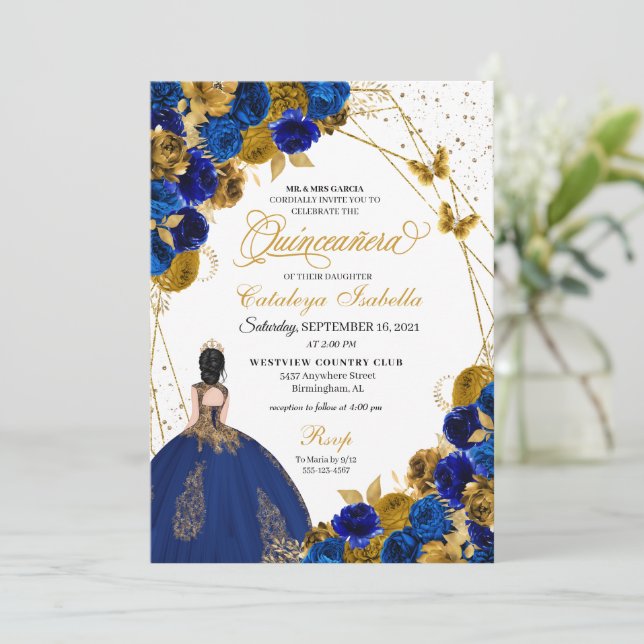 Royal Blue Guld Butterfly Princess Quinceanera Inbjudningar (Stående Fram)