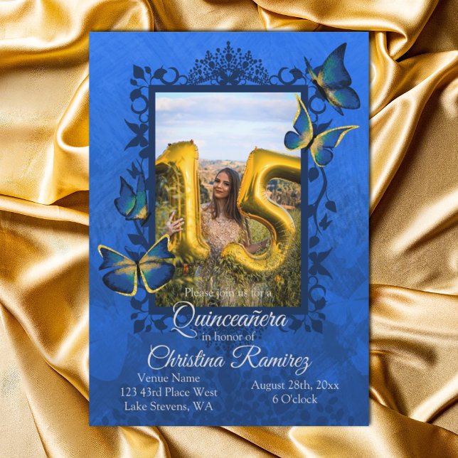 Royal Blue, Guld Butterfly Quinceanera-inbjudan Inbjudningar (fancy gold and royal blue quinceanera invitation, script writing english wording ornate vines leaves)