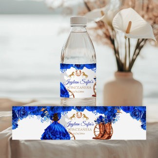 Royal Blue Guld Cowboy Quinceañera Vatten Etikett