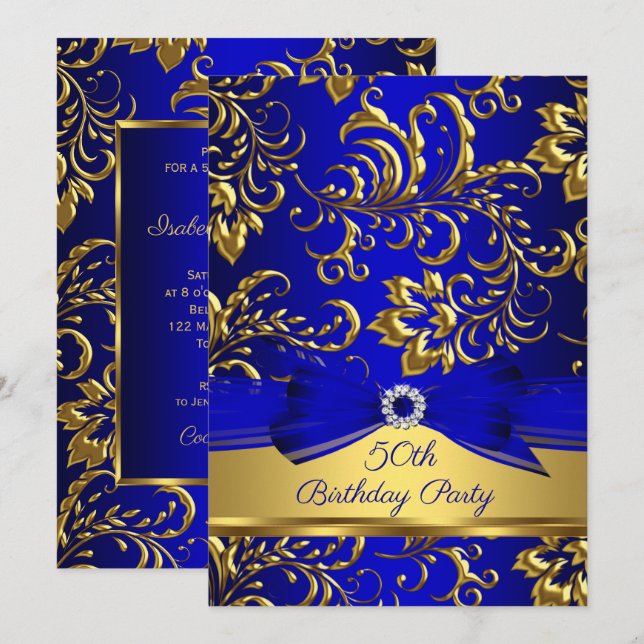 Royal Blue Guld Damask 50:e födelsedagsfesten Inbjudningar (Fram/baksida)
