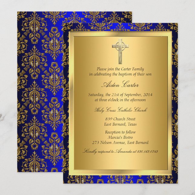 Royal Blue & Guld Damask Kor Baptism Inbjudan (Fram/baksida)