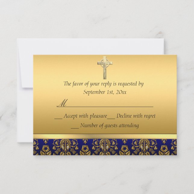 Royal Blue & Guld Damask Kor Baptism OSA Kort (Framsida)