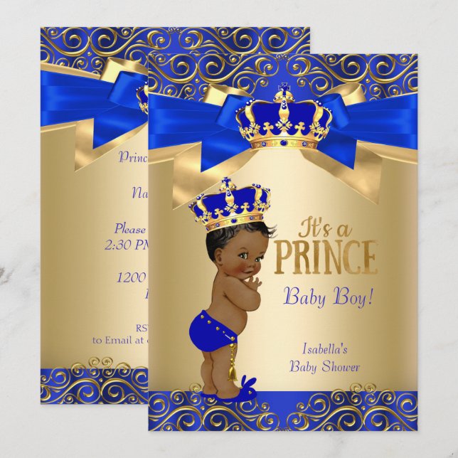 Royal Blue Guld Damask Prince Baby Shower Ethnic Inbjudningar (Fram/baksida)