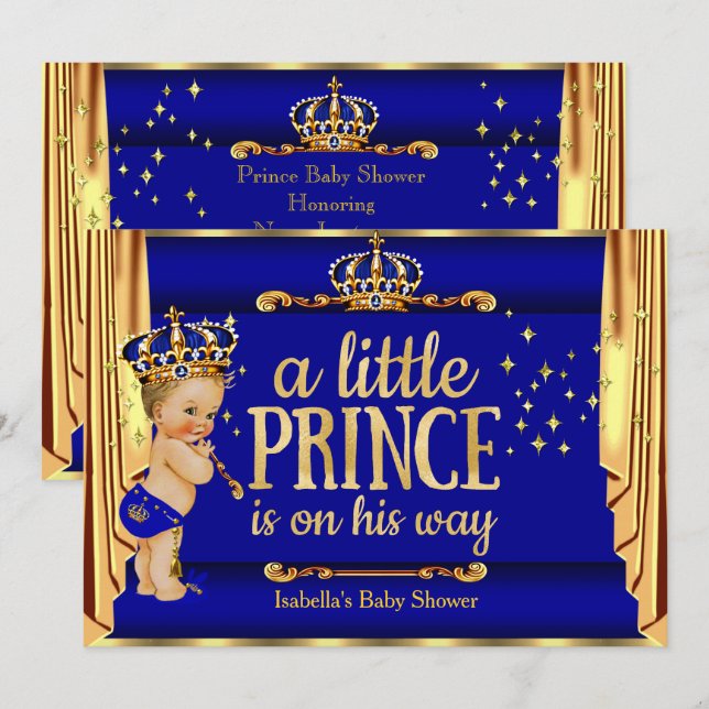 Royal Blue Guld Drapes Prince Baby Shower Blonde Inbjudningar (Fram/baksida)