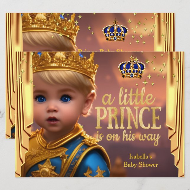 Royal Blue Guld Drapes Prince Baby Shower Blonde Inbjudningar (Fram/baksida)