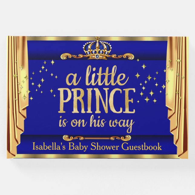 Royal Blue Guld Drapes Prince Baby Shower Gästböcker (Framsida)
