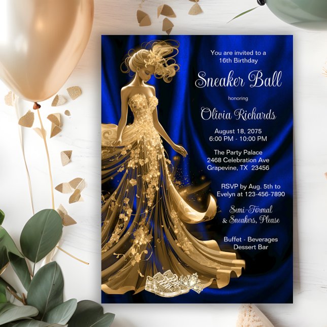 Royal Blue Guld Elegant Sneaker Boll Inbjudningar (Elegant royal blue gold sneaker ball invitation. All text, font and wording can be changed.)