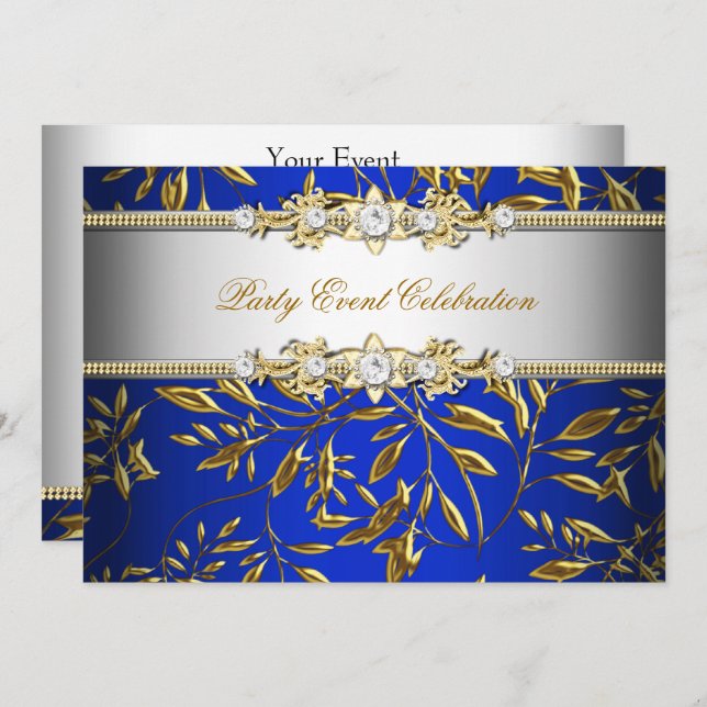 Royal Blue Guld Embossed Elegant Party Inbjudningar (Fram/baksida)