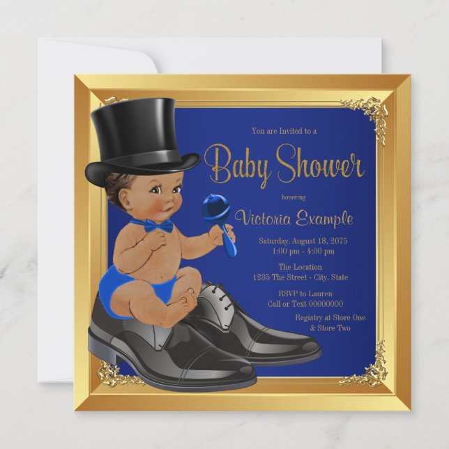 Royal Blue Guld Ethnic Little Man Baby Shower Inbjudningar (Framsida)