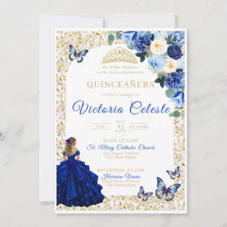 Royal Blue Guld Fjäril Blommig Quinceañera Inbjuda