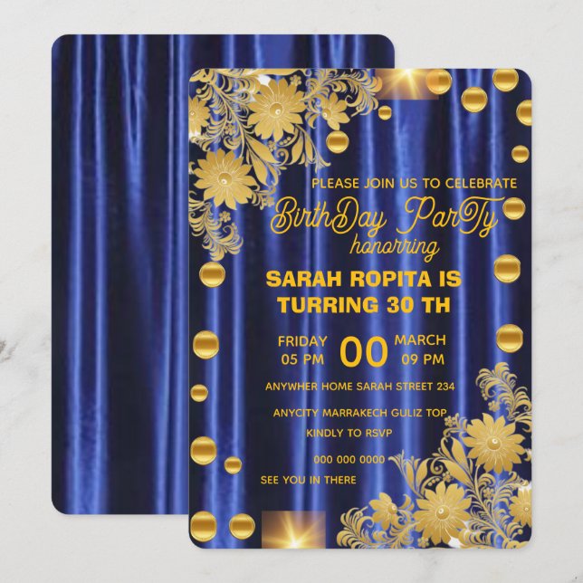 Royal Blue Guld Födelsedagsfest inbjudan, Womans Inbjudningar (Fram/baksida)