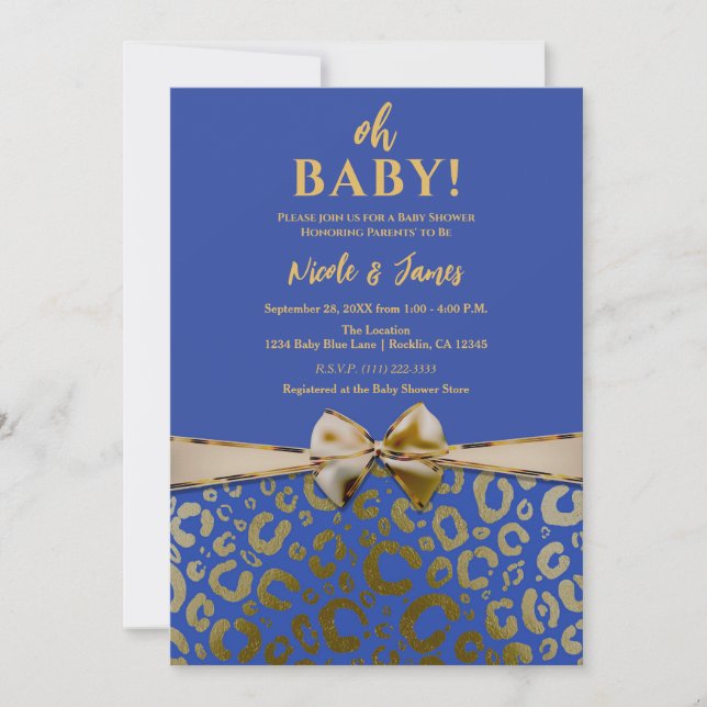 Royal Blue & Guld Glam Leopard Print Baby Shower Inbjudningar (Framsida)