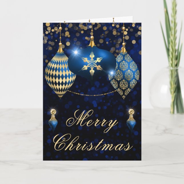 Royal Blue & Guld Glitter Baubles jul Helgkort (Framsida)