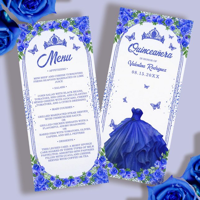 Royal Blue Guld Glitter Blommigt Quinceanera Meny (Royal Blue Gold Glitter Floral Quinceanera Menu)